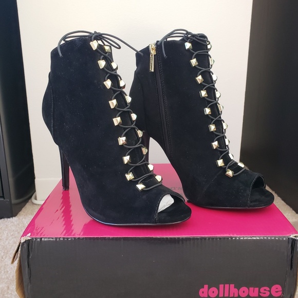 Dollhouse Tantrum Studded Lace-up Peep-toe Booties - Picture 2 of 7